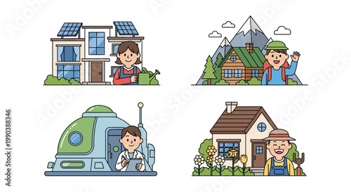 Set of four cartoon characters representing different occupations and lifestyles.