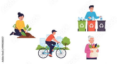 People engaged in eco-friendly lifestyle activities and environmental sustainability actions.