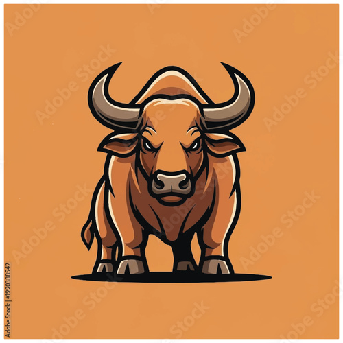 Brown bull with large horns standing 1.
