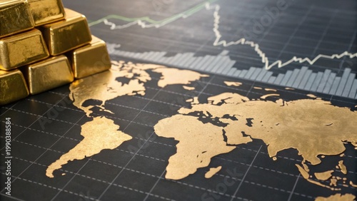A world map with gold bars stacked in the corner, overlaid with financial charts indicating economic trends.