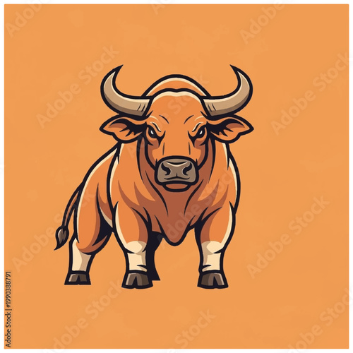 Cartoon angry bull with horns standing.