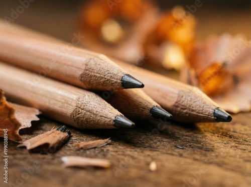 Extreme macro of sharpened wooden pencils and shavings on a rustic wood surface