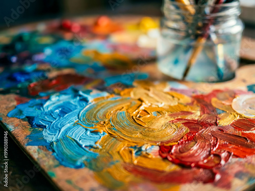 Close-up of a wooden artist palette with vibrant oil paint strokes and brushes in a glass jar
