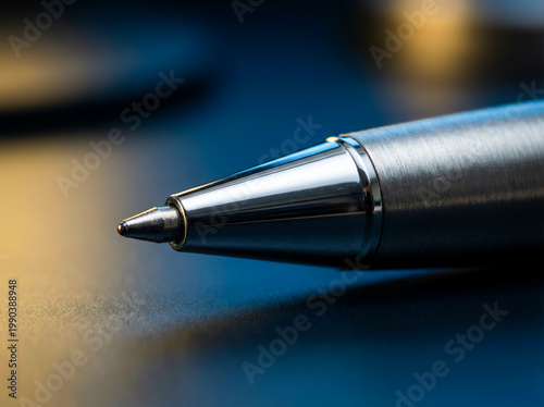 Extreme macro of a sleek silver metal ballpoint pen tip on a dark surface