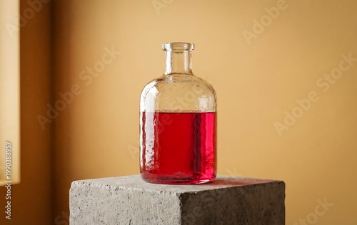 Clear glass bottle filled with red liquid standing on a concrete pedestal against a warm yellow background