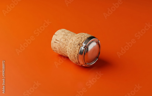 Champagne cork with a metal cap lying on a bright orange background