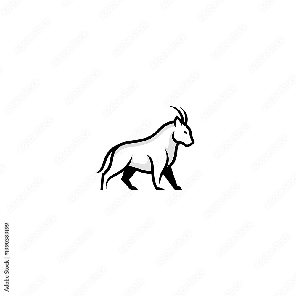 Fototapeta premium Minimalist black and white illustration of a powerful horned animal walking