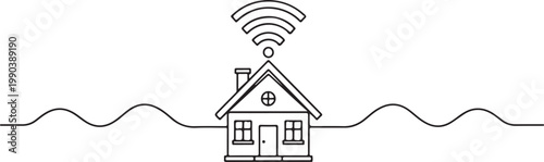 Smart home, wireless network, house icon, connectivity symbol, line art