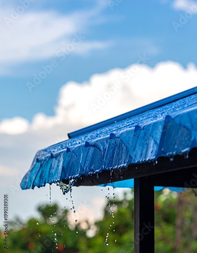 Close-up of a blue, corrugated roof on a sunny day with raindrops falling against a blurred, cloudy sky. Green vegetation below