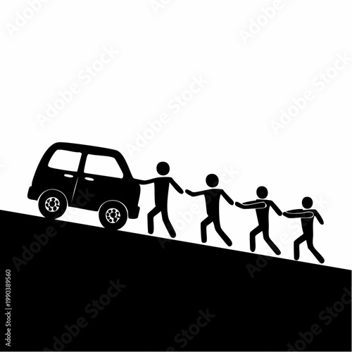 Teamwork on the Road: A graphic silhouette depicts a determined group of individuals pushing a car uphill, symbolizing collective effort and perseverance in overcoming obstacles.