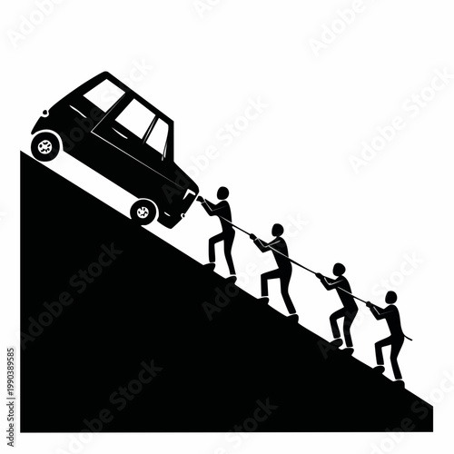 Pushing the Limits: A determined group strives together to overcome a challenging uphill battle with the symbol of unity and determination.