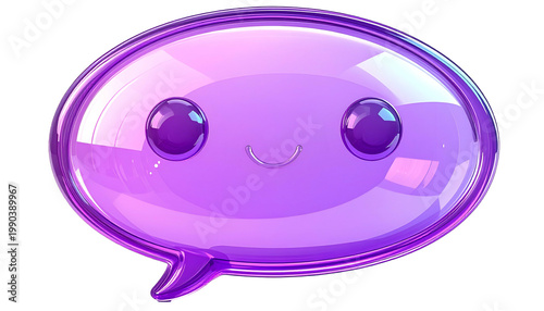 A cartoon-style purple speech bubble with a happy face, glassy appearance, and a small speech tail. Rendered with glossy effects and shadows