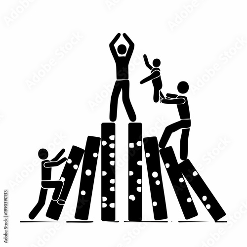 The domino of triumph: Symbolic artwork shows a group of persons building up the dominos to success. 