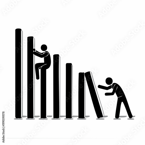 Overcoming Challenges: A visual metaphor of perseverance and the domino effect, showing an individual scaling obstacles while another prevents a downfall.