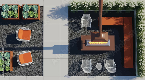 Top view of a modern outdoor patio lounge area with fire pit and seating