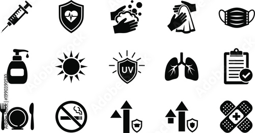 Health and Medical Protection Icon Set with Vaccine Mask Hygiene UV Shield and Lungs in Silhouette Style