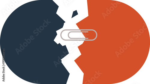 Broken Circle with Paperclip Illustration - Concept of Fragile Connection, Conflict Resolution, and Temporary Fix for Opposing Sides