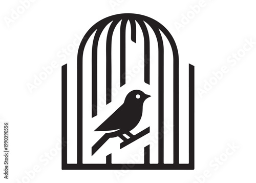 bird in a cage logo design silhouette vectors illustration, bird in a cage silhouette vector logo, silhouette birdcage vector logo, vintage black birdcage logo silhouettes vector on a white background