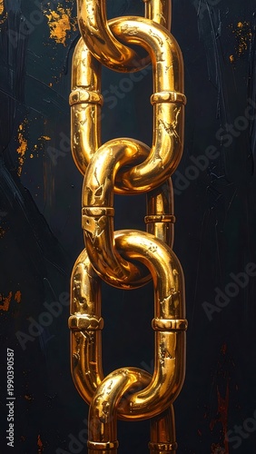 Close-up of a vertical chain, gleaming gold against a dark, textured backdrop. The links reflect light, hinting at a glossy surface