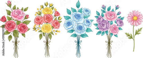 Colorful floral bouquet collection with roses and mixed flowers in pastel tones, elegant botanical arrangement set for wedding decoration design