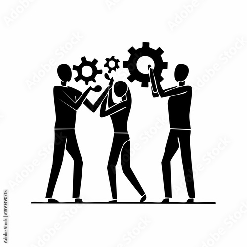 Collaboration in Motion: A stylized illustration showcases a team working in unison to assemble gears, symbolizing synergy and coordinated effort.