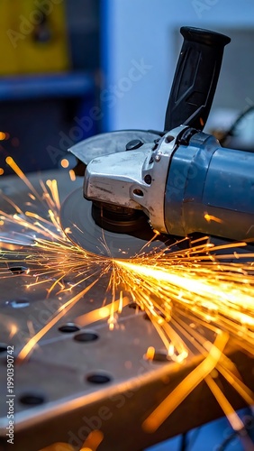 Power Angle Grinder Tool Cutting Steel With Intense Orange Sparks In Industrial Workshop Close Up Photography