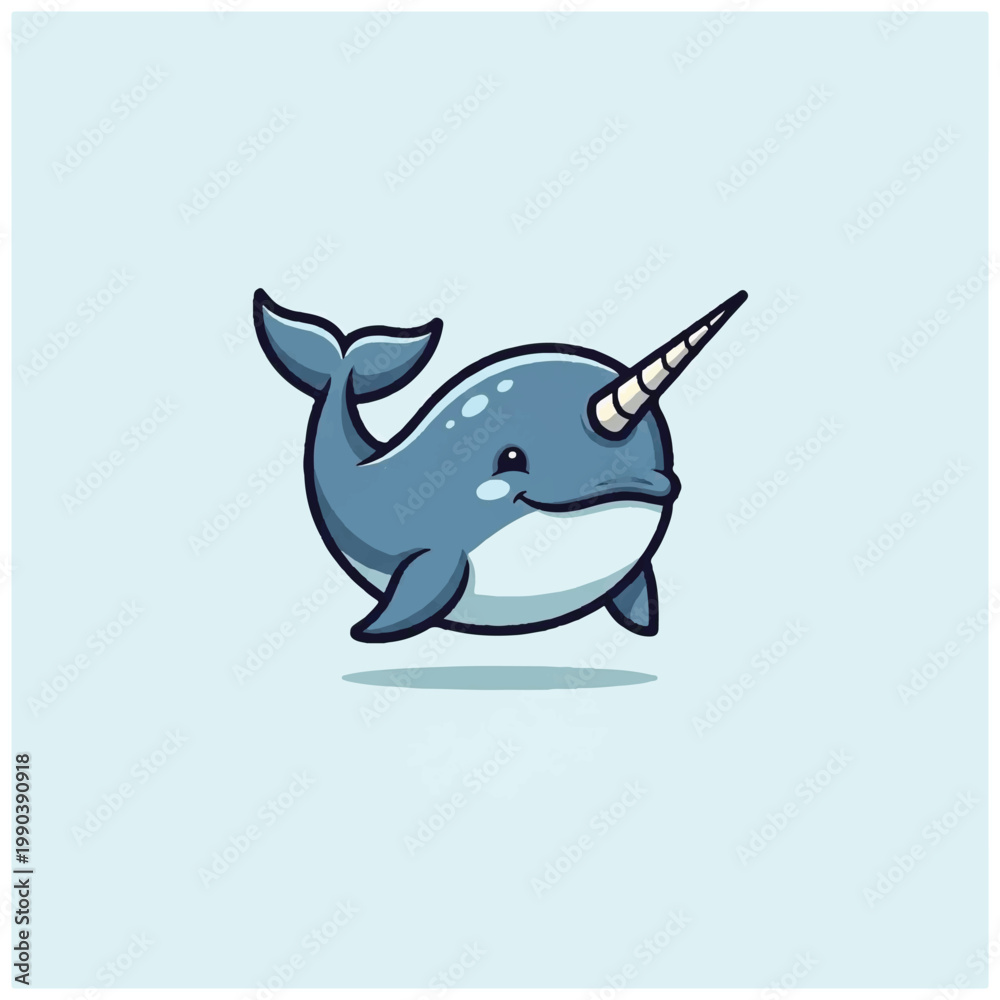 Fototapeta premium Cartoon narwhal with a horn swimming.