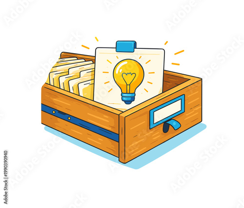 Knowledge archive and idea storage concept. Hand drawn filing box illustration isolated on white. Wooden document box with folders, monitor card, and glowing light bulb representing knowledge.