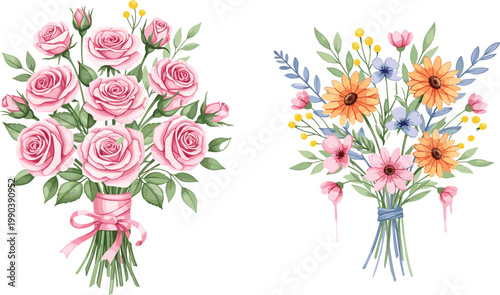 Beautiful hand drawn rose and wildflower bouquet set with pastel colors, elegant floral arrangement illustration for wedding and romantic design