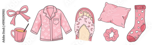 Pajama day pink card set with stars print pajamas, heart socks, pillow, mug and bow doodle hand drawn cartoon for slumber party and sleeping themes.