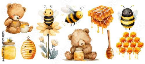 Watercolor set of adorable teddy bears, busy bees, blooming flowers, honeycombs with dripping honey, classic beehive and wooden dipper on white  perfect for kids' designs