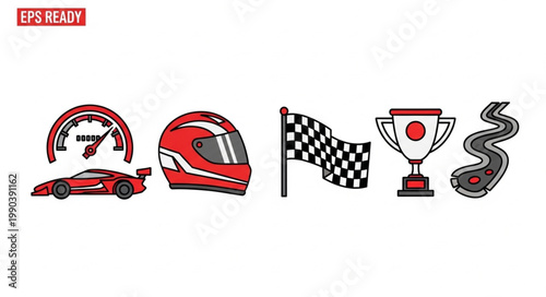 Racing Sports Icons Set with Car Helmet Flag Trophy and Track.