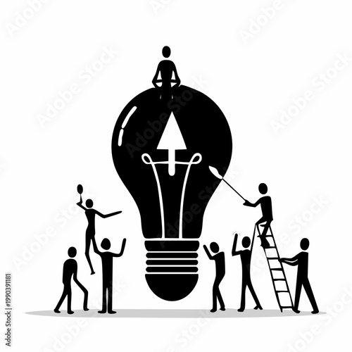 Innovation and teamwork: A team collaborates around a giant light bulb, symbolizing the collective effort required to generate creative ideas and achieve innovative solutions.