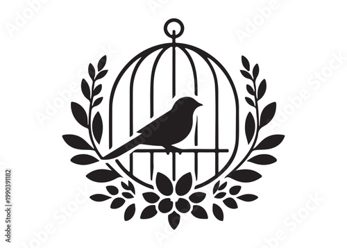 bird in a cage logo design silhouette vectors illustration, bird in a cage silhouette vector logo, silhouette birdcage vector logo, vintage black birdcage logo silhouettes vector on a white background