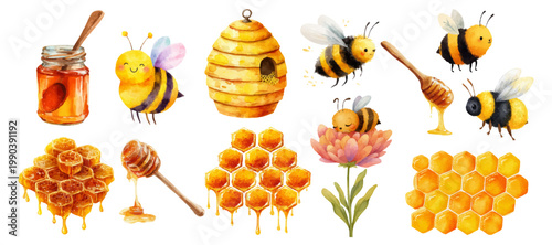 Watercolor set of cute cartoon bees, dripping golden honey, rustic honeycomb, jar, beehive and wooden dippers evoking natural apiculture, pollination and wholesome sweetness