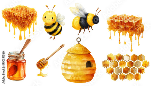 Watercolor illustration of cute striped bees, a traditional hive, honey jar with dipper and dripping hexagonal comb pieces on a clean white background