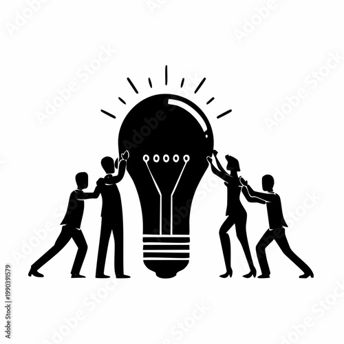 Illuminating Collaboration: A silhouetted team uniting their efforts to ignite a giant lightbulb, symbolizing the birth of innovation and the power of shared ideas.