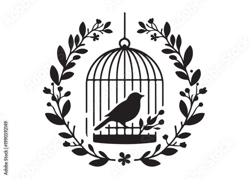 bird in a cage logo design silhouette vectors illustration, bird in a cage silhouette vector logo, silhouette birdcage vector logo, vintage black birdcage logo silhouettes vector on a white background