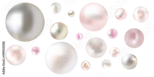 Iridescent lustrous pearls reflecting light and floating randomly against a clean white background, creating a luxurious and elegant jewelry concept