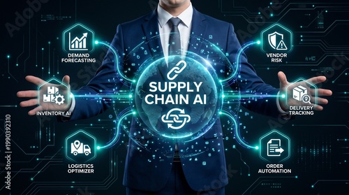 A businessman in a suit presenting a futuristic supply chain AI concept with various icons and graphics