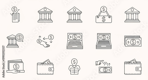 Financial Icons Representing Money Transactions and Banking Services.