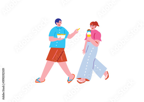 夏にデートするカップルのイラスト