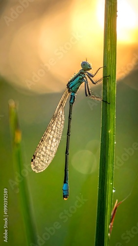 Delicate insect perched on green stem at sunrise, backlit
