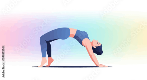 Woman in yoga bridge pose on a mat with a colorful gradient background