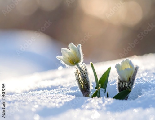 Delicate pale flowers emerge from sparkling snow under soft sunlight