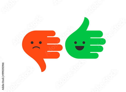 Rating and feedback thumbs up and thumbs down emoticons for customer satisfaction survey and performance evaluation. Colorful vector illustration.