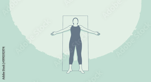 Woman in yoga pose with arms outlined on rectangular surface