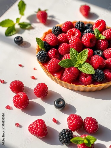 Deconstructed fruit tart, a geometric arrangement of ruby berries and emerald mint with exaggerated perspectives,  modern,  mint