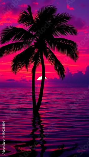 Crimson twilight bleeds into violet over a tranquil ocean, palm outlines etched against a molten sky, water mirrors the electric hues,  silhouette,  ocean