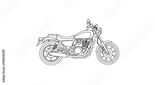A detailed line drawing depicts a classic motorcycle in a side profile highlighting its mechanical features high quality